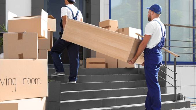 Male Movers Carrying Shelving Unit Into New House